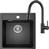 ANYCEE 45x46 cm Lavello Nero con Rubinetto Cucina Estensibile, Lavandino Cucina 1 Vasca in Granito, Lavello Quarzo per Mobile da 45cm con Sifone e Scarico