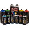 KLAMOTTEN STORE Double Trouble Montana - Set di 6 bombolette di vernice Pro ad alta potenza, 6 x 400 ml + 6 x 150 ml Maincolor con argento e testine di ricambio per hobby, artigianato, arte