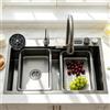 DSMRLEOP Lavello da cucina a cascata nero, 1 lavandino, lavello da cucina, acciaio inossidabile, rettangolare, sifone, set troppopieno e scarico, moderno lavello multifunzionale, lavello in