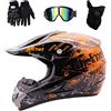 WEITY Casco Di Motocross, Casco integrale Quad Crash ECE Downhill Dirt Bike MX ATV adulti casco della motocicletta guanti, occhiali, mascherina di 4 pezzi, Arancione (M)