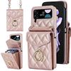 XIMAND Custodia portafoglio per Samsung Galaxy Z Flip 3 con anello e tracolla regolabile, stile elegante e multifunzionale a fisarmonica con 4 scomparti per carte di credito（oro rosa）