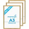 PHOTOLINI Cornici A3 30x42 cm oro legno MDF, set di 3 cornici per poster, plexiglass infrangibile, da parete, accessori extra inclusi - per foto, immagini e poster