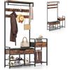 HOMASIS 5 in 1 Stand Appendiabiti con Panca per Scarpe, Guardaroba a Giorno con 12 Ganci, Scarpiera, Asta Appendiabiti, Cassetti e Scaffali, Armadio Aperto in Metallo, Marrone, 120 x 30 x 178 cm