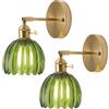 TOKTOP Set di 2 applique da parete a fiore vintage in ottone dorato e vetro verde con interruttore lampada da parete E27 lampada da parete per bagno, camera da letto, soggiorno, cucina