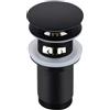 BALNEO Tappo per Lavello Universale Click Cone Pop-Up Nero, Ottone, Antiruggine, 4 Guarnizioni, Guarnizione, Raccordo di Scarico, 66mm X G1 1/4, con Troppopieno, C-Click