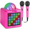 Fenton KAR15P - Altoparlante Bluetooth per karaoke, per bambini, con 2 microfoni, colore: rosa, palla da discoteca e facciata LED in ritmo con musica, 4 effetti vocali, ideale per feste di compleanno