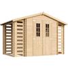 TIMBELA M391C+M391G Casetta da Giardino in Legno per Esterni con legnaia CON PAVIMENTO TRATTATO - L206xL328xA218 cm/ 3,53 + 0,97+0,97 m2 - Piccola Casetta in Legno, Rimessa Attrezzi, Deposito Bici