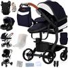 Doraystar Pelle PU Passeggino 3 in 1, Passeggino Trio con Due Modalità di Spinta Reversibile, Passeggino Neonati con Design Pieghevole in Un Clic, Trio Neonato Grande Nacelle Comoda (L518 Black Blue)