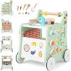 RELAX4LIFE Carrello Primi Passi in Legno 6 in 1, Centro Montessori Cucina con Pannello Attività, 9 Accessori, Vano Portaoggetti, Anti O, per Bambini 1-3 Anni,Legno Naturale + Verde Menta