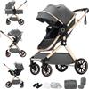 Shineey Passeggino 3 Pezzi Carrozzina Neonatale Pieghevole con Gondola, Pneumatici in Gomma e Sistema da Viaggio, Inclusi Adaptateurs e Accessori (U9-X-DARK GREY, U9-X)