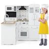 GYMAX Cucina per Bambini, Cucina da Gioco ad Angolo, con Frigorifero, Fornello a Induzione, Lavatrice, Forno a Microonde, Cappa da Cucina, Telefono e Lavagna, per Bambini 3 Anni +