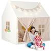 HOMASIS Tenda Bambini Cameretta con Porta Avvolgibile e 2 Finestre, Casetta Tenda con Cotone Imbottito, Luci a Stella e Bandiere Triangolari, Capanna per Bambini da Interno, 125 x 100 x 127 cm (Beige)