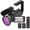 Andoer Videocamera 4K 48MP 60FPS WiFi Camcorder 16X Digital Zoom, 3 IPS Touch Screen IR visione notturna Vlogging Camera con microfono, telecomando, 2 batterie, obiettivo fotocamera, maniglia