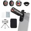 Andoer Kit di lenti per telefono 4 in 1: teleobiettivo 22X, fisheye 205°, grandangolo 4K 0,67x, lenti macro 25x, vetro ottico/plastica con fusto e clip in metallo/plastica, supporto per telefono