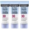 Neutrogena Ultra Sheer Dry-Touch Sunscreen Lozione Broad Spectrum SPF 30 UVA/UVB, senza ossibenzone, impermeabile, non comedogenica, non greasy, da viaggio, 3 pezzi