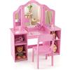 COSTWAY Toeletta Trucco 2 in 1 per Bambina 3+ Anni, Rosa | Postazione Trucco per Ragazza in Legno Robusto con 4 Scomparti, Sgabello e Specchio, 104 x 40 x 117 cm