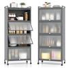 HOMASIS Scaffale da Cucina a 5 Livelli, Mobile Cucina con Ruote e Pedane, Mensola Microonde in Metallo con Ante Pieghevole in PC, Scaffale Salvaspazio per Salotto, Ingresso, 60 x 32 x 154 cm (Grigio)