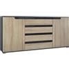 Vladon Credenza Cassettiera Sylt V2, struttura in nero opaco/frontale in quercia segato grezzo con compensazioni in nero lucido (166 x 72 x 35)