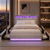 FOERPL Letto matrimoniale 160 x 200 cm con spazio di archiviazione, letto con cassetto LED, 4 cassetti in ferro, comodino con porta di ricarica USB, tessuto di lino (tipo D Beige, 160 x 200 cm)