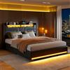 BestAlice Letto matrimoniale imbottito 160 x 200 cm, letto idraulico, con porte LED e USB, letto con vano portaoggetti e testiera, scomparti per ragazzi con rete a doghe, PU