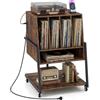 COSTWAY Supporto per Giradischi, Mobile Porta Giradischi con 4 Scomparti e Ripiani Aperti, Scaffale per Dischi in Legno con Ruote e Piedini Regolabili (Marrone Rustico, Con Presa di Corrente)