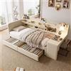 Oxtao Letto da giorno 90 x 200 cm, divano letto con 2 cassetti e scrivania, porta USB + tipo C, scomparto portaoggetti, vano portaoggetti, letto con rete a doghe, lino (beige con scrivania, 90 x 200