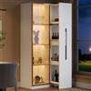 Merax Libreria con ante in vetro, armadietto multifunzione con mobile a rotelle, vetrina in vetro con illuminazione a LED e scaffalatura estraibile, bianco, 70 x 40 x 160 cm