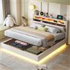 Kebnor Letto imbottito, struttura idraulica sospesa con vano portaoggetti, letto imbottito multifunzione con presa USB e luce LED, testata reversibile, lino (beige, 160 x 200 cm)