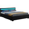 Juskys letto imbottito Lyon da 140x200 cm con similpelle, cassetti, luci LED e rete a doghe - Nero - Letto singolo