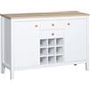 HOMCOM Mobile contenitore con 2 cassetti, 2 ripiani regolabili e portabottiglie per 9 bottiglie, 110 x 35 x 75 cm, bianco e legno naturale