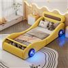 Lexiou Letto imbottito, 90 x 200 cm, letto singolo, letto per bambini, letto per ragazzi, letto imbottito a forma di auto con ruote luminose e spazio di archiviazione, PU, senza materasso (giallo)