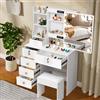 Teousev Toilette Trucco con Sgabello e Specchio, Toeletta Trucco con Luci, Postazione Trucco con 6 Cassetti, 6 Ripiani Aperti, Tavolo Trucco per La Camera Da Letto, 80X36X131cm, Bianco, J051216