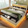 Huayz - Letto imbottito 140x200cm, letto matrimoniale a LED con vano contenitore e rete a doghe, testiera con vano portaoggetti e funzione di ricarica USB e tipo C, schienale con meccanismo idraulico