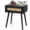 KOMFOTTEU Comodino con Cassetto in Rattan, Comodino Camera da Letto in Stile Boho con Gambe in Legno di Pino, Tavolino Lato da Notte con Piedini Antiscivolo per Soggiorno, 48 x 40 x 58 cm (Nero)