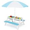 COSTWAY Set Tavolo e Sedie per Bambini da Giardino 3 in 1, con Ombrellone Rimovibile e Regolabile, Piano Rimovibile, Tavolo con Panche in Legno per Bambini da Interno Esterno (Blu e Bianco)