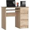 AKORD | Scrivania A-6 con Ripiano per Tastiera | Office Desk | 3 Cassetti a Destra | Scrittoio per Ufficio | Per Computer PC Laptop | 90x77x50 cm | 30 kg Rovere sonoma