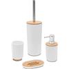 Inbagno Set Bagno Accessori Completo - 4 Pezzi, Kit Accessori appoggio in ABS e Legno bambù, Include Dispenser, portaspazzolini, portasapone e scopino WC, Linea Surf