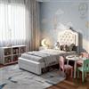 EZSSW Letto singolo imbottito 90 x 200 cm con contenitore, testiera a corona regolabile in altezza con LED, struttura in metallo e rete a doghe elastiche, PU bianco (senza materasso)