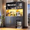 Kebnor Mobile alto da cucina, credenza, armadio da cucina con ante in vetro e illuminazione a LED, nero (130 x 45 x 180 cm)