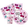 WOOPARTY Kit Compleanno Tavola Hello Kitty 2 per 16 Persone (52 Pezzi: 16 Piatti 23cm, 16 Bicchieri 200ml, 20 tovaglioli) in Carta