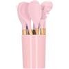 MF artSHOP Mestoli Da Cucina In Silicone, Set 12 Pezzi, Utensili Per Cucinare, Antiaderenti, Manico in Legno Appendibili Resistenti al Calore (Rosa)