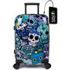TOKYOTO - Valigia Da Cabina Divertente Per Bambini Adolescenti Ragazzi Fans Dei Cartoni Animati Teschi Messicani Catrinas Bagaglio A Mano USB 55x40x20 cm Trolley 55x35x20 Valigia Rigida Blue Skulls