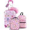 GYMAX Set Valigie per Bambini da 5 Pezzi con Trolley 38 cm, Zaino 33 cm, Cuscino per il Collo, Borsa per il Pranzo Isolata, Etichetta per Bagagli, per Viaggio Scuola (Gufo)