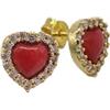 Sicilia Bedda - Orecchini in Corallo Rosso del Mediterraneo - Argento 925 - Prodotto Realizzato a Mano (Cuore con Zirconi Placcato Oro)