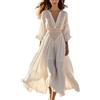 Generic Maxi abito estivo da donna in cotone e lino, copertura a maniche lunghe con scollo a V e pizzo all'uncinetto, stile boho, elegante, chic, da spiaggia, vacanza, vestibilità larga, leggero, casual