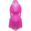 inhzoy Abito da Pattinaggio Artistico Bambina Vestito da Ballo Latino Tango con Nappe Frange Body Ginnastica Artistica Balletto Leotards Costume da Danza Samba Salsa Rosa Caldo 11-12 Anni