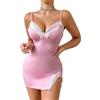 IPUDIS Lingerie Sexy da Donna Babydoll Camicia da Notte Mini Abito Elegante in Pizzo con Scollo a V Sottoveste Intera Spacchi Laterali Camicia da Notte Pigiama Rosa M