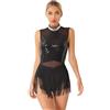 Choomomo Donna Vestito Latino Americano Abito da Ballo con Paillettes a Frange Body da Ginnastica Artistica Tuta Danza Pattinaggio Dancewear S-XXL A Nero XL