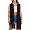 Generisch Giacca donna cardigan donna gilet frange anni 70 hippie, senza maniche, capispalla western in finta pelle scamosciata con nappa, Nero , L