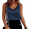 Placitiume Canotta da donna in raso di seta con scollo a V, senza maniche, casual, estiva, basic, Blu scuro, L